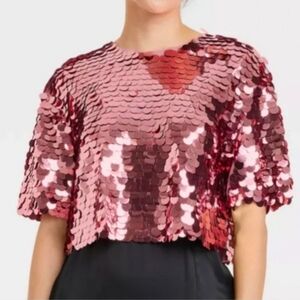 A New Day Short Sleeve Paillettes Sequin Top Womens L Cropped